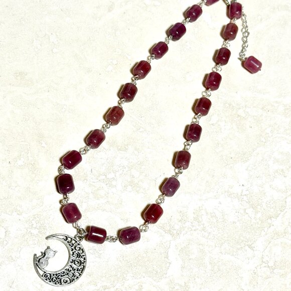 Genuine Magenta Chalcedony Short Necklace, Gemstone & Cat on the Moon Charm - Picture 7 of 14